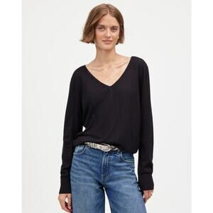 Madewell Merino Wool-Silk Blend V-Neck Sweater WMNS L Black Relaxed Fit Pullover